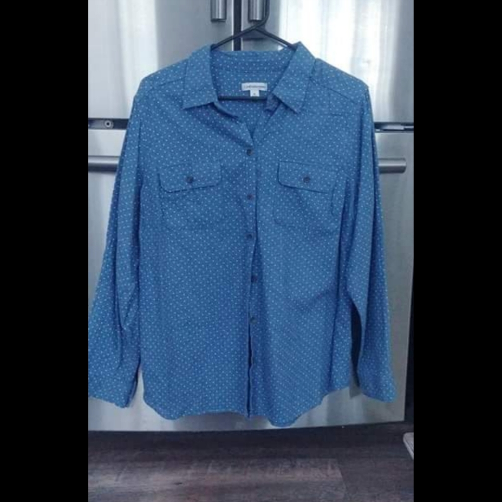 Light blue with white poka dots button down shirt